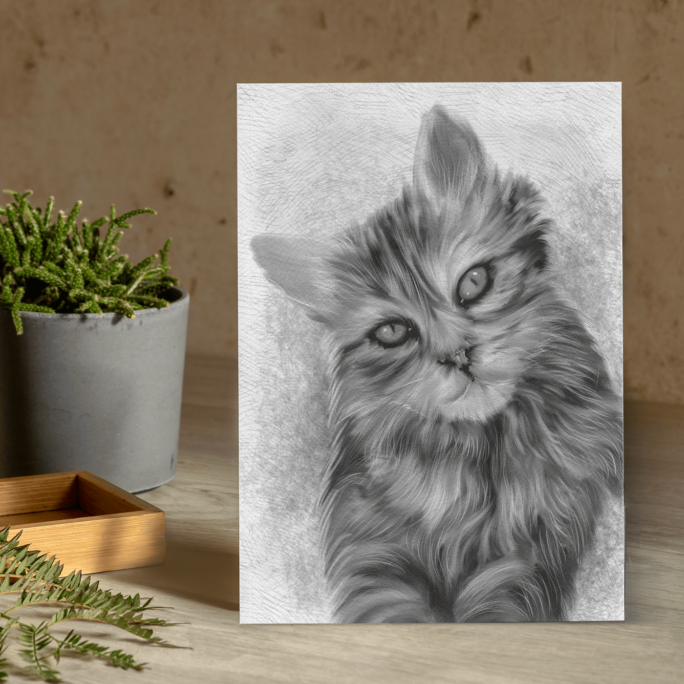 charcoal cat drawing of an adorable fur cat drawn in black and white