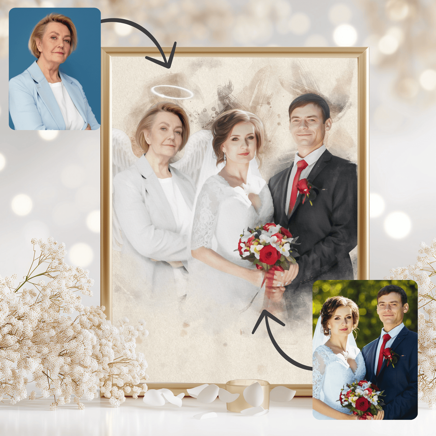 wedding photo restoration of a lovely couple along with the brides mother