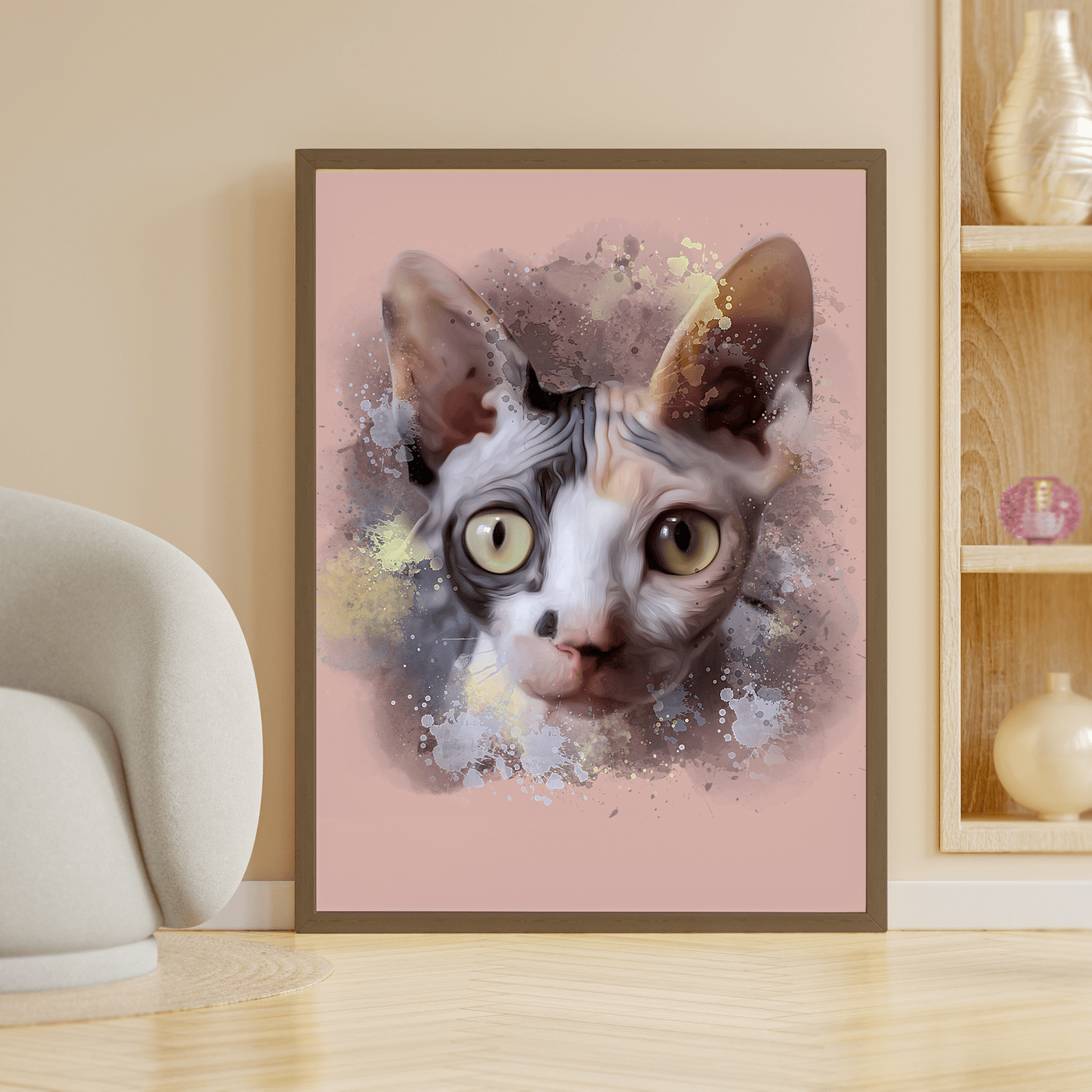 watercolor cat portrait of adorable black and white fur cat