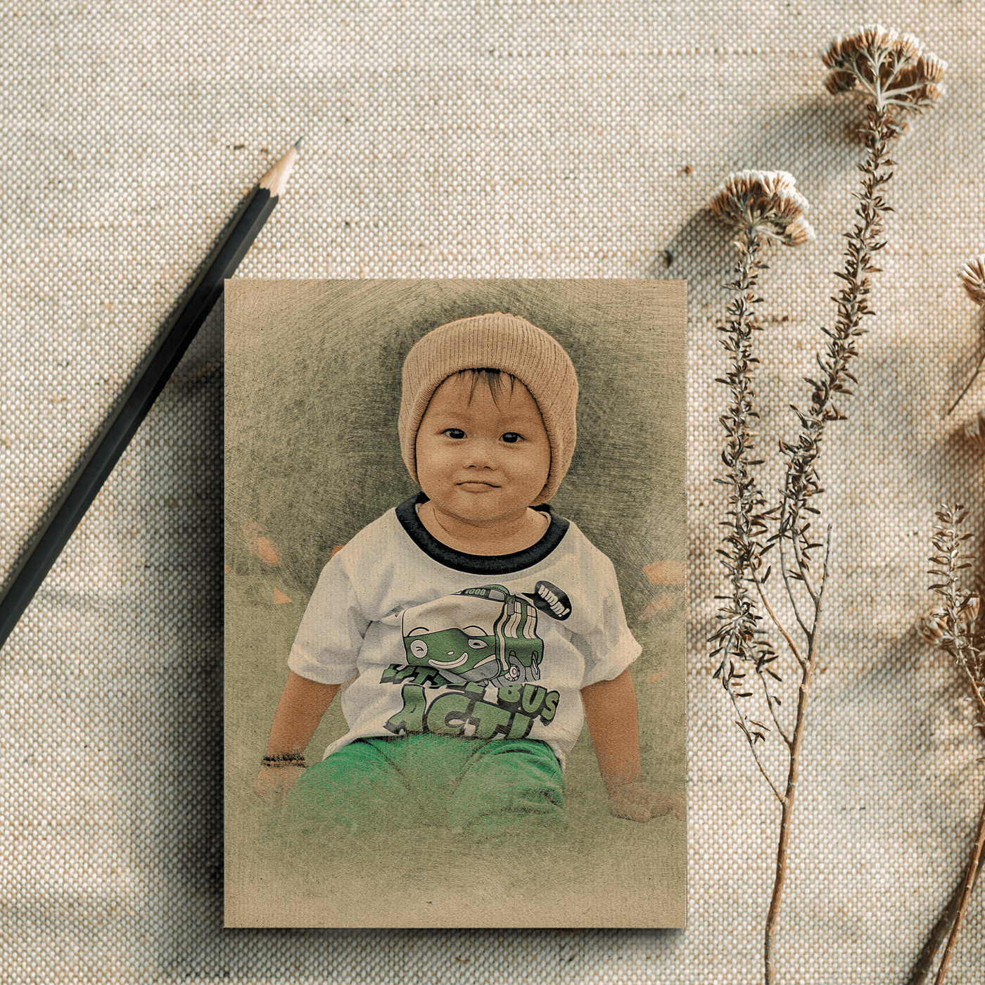 baby colored pencil drawing of an adorable toddler wearing a bonnet