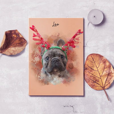 dog canvas art of a lovely puppy wearing a reindeer headband