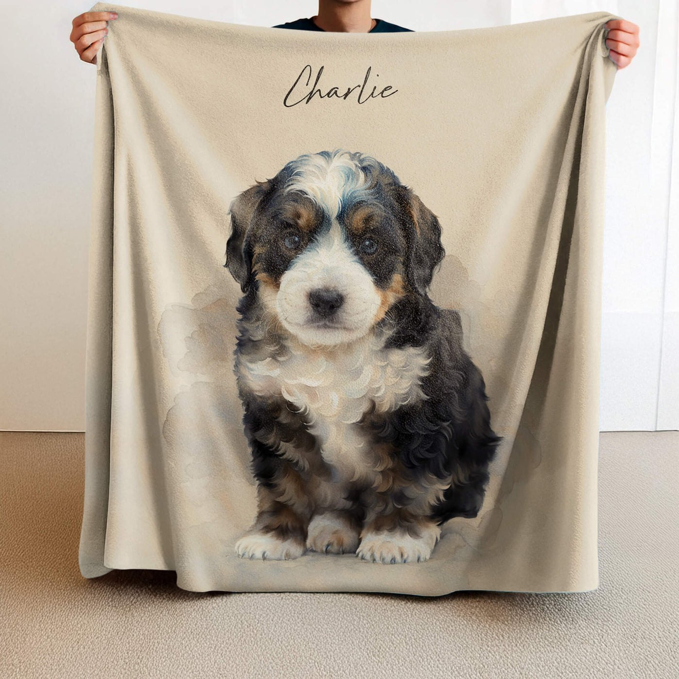 Watercolor Pet Portrait Blanket with Name