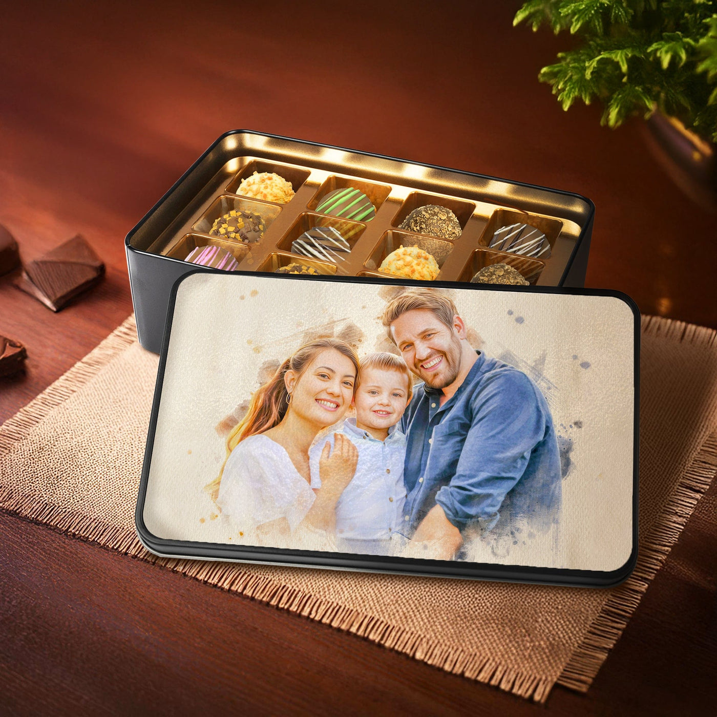 Custom Watercolor Portrait on Chocolate Truffles Tin Box