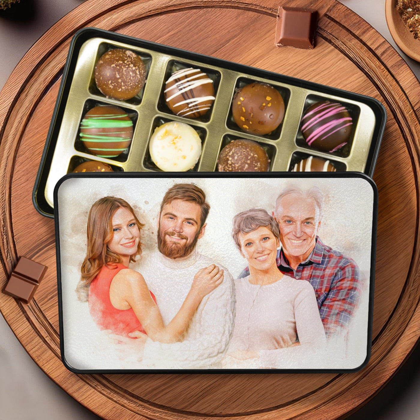 Custom Watercolor Portrait on Chocolate Truffles Tin Box