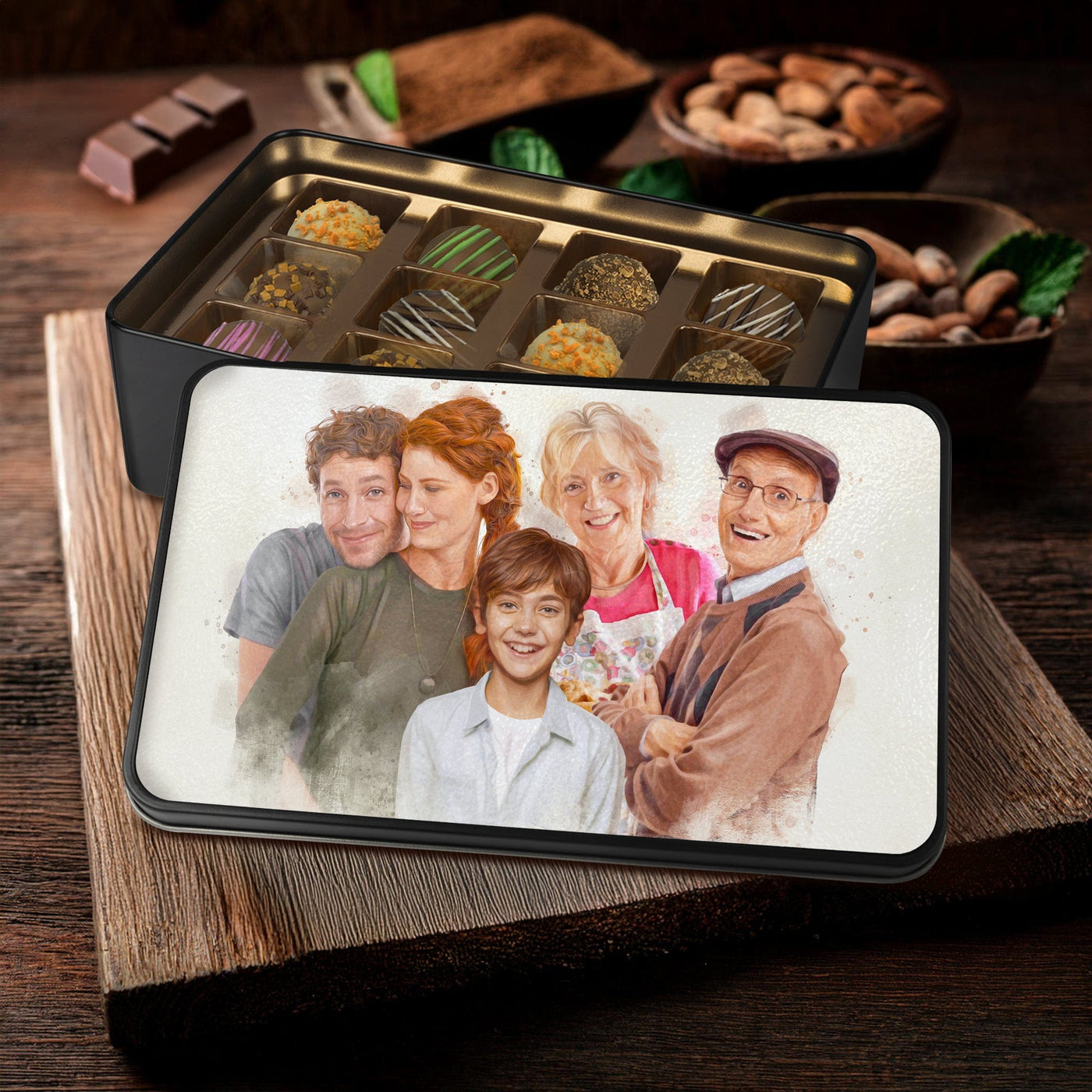 Custom Watercolor Portrait on Chocolate Truffles Tin Box