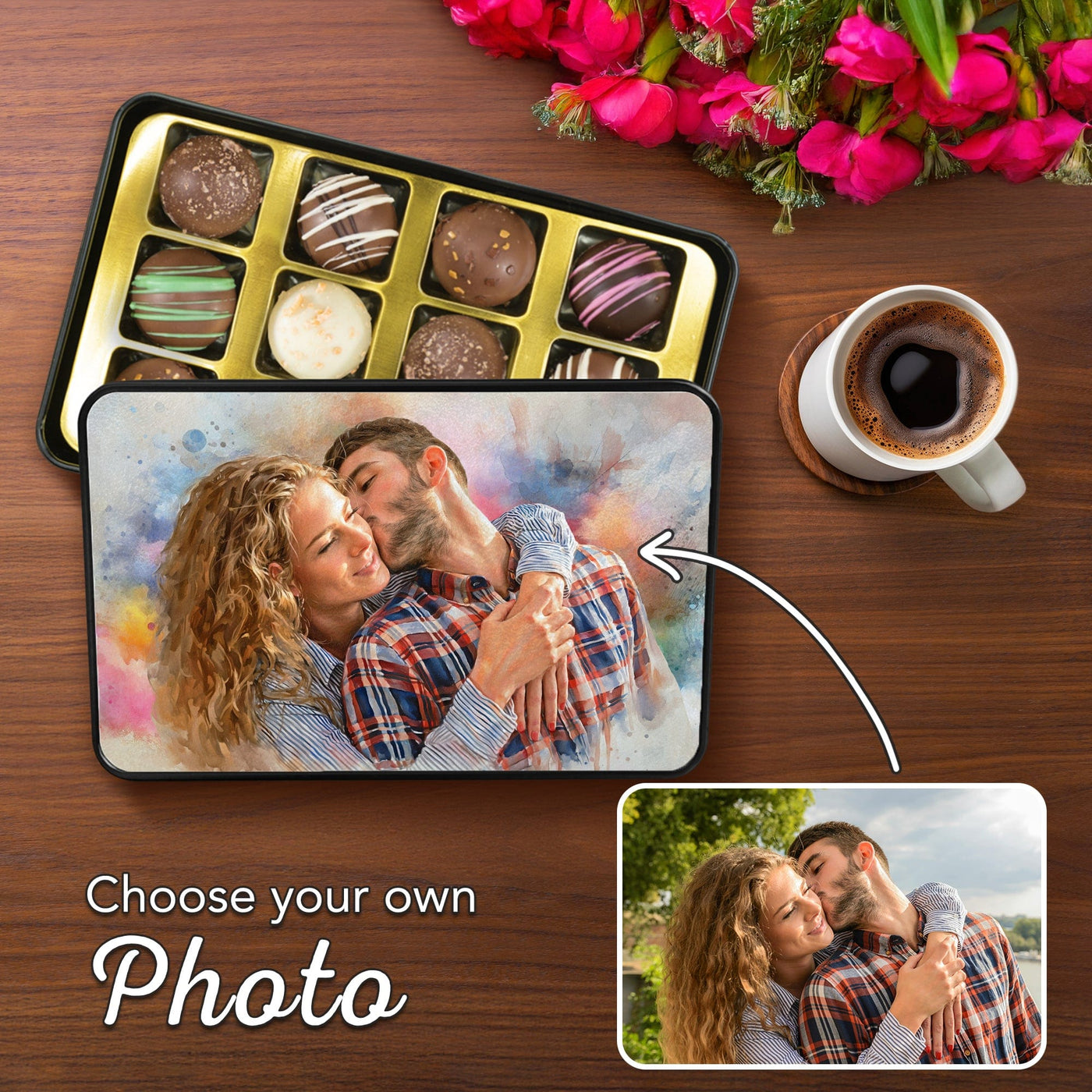 Custom Couple Watercolor Portrait on Chocolate Truffles Tin Box