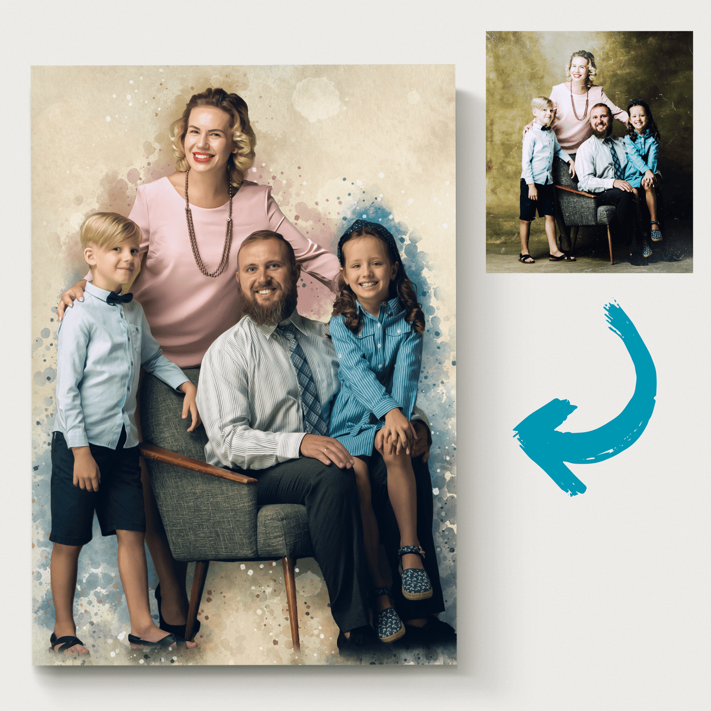 photo recreation of a family photo transforming from an old photo into a new and improved version.