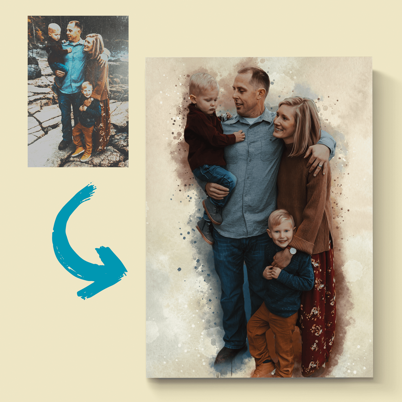 photo recreation of a family photo transforming from an old photo into a new and improved version.