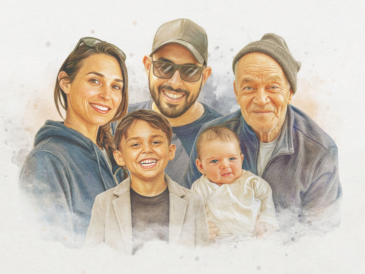 The first portrait I ever drew of my family - my grandpa, meeting my daughter & son.