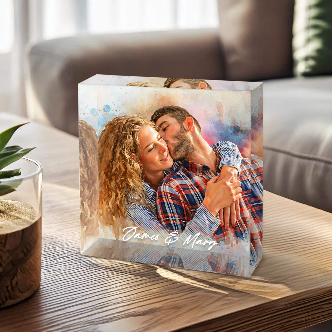 Couple Watercolor Portrait Acrylic Prism Block with Names