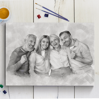 Mother's Day pencil drawing of a happy family drew in a black and white color