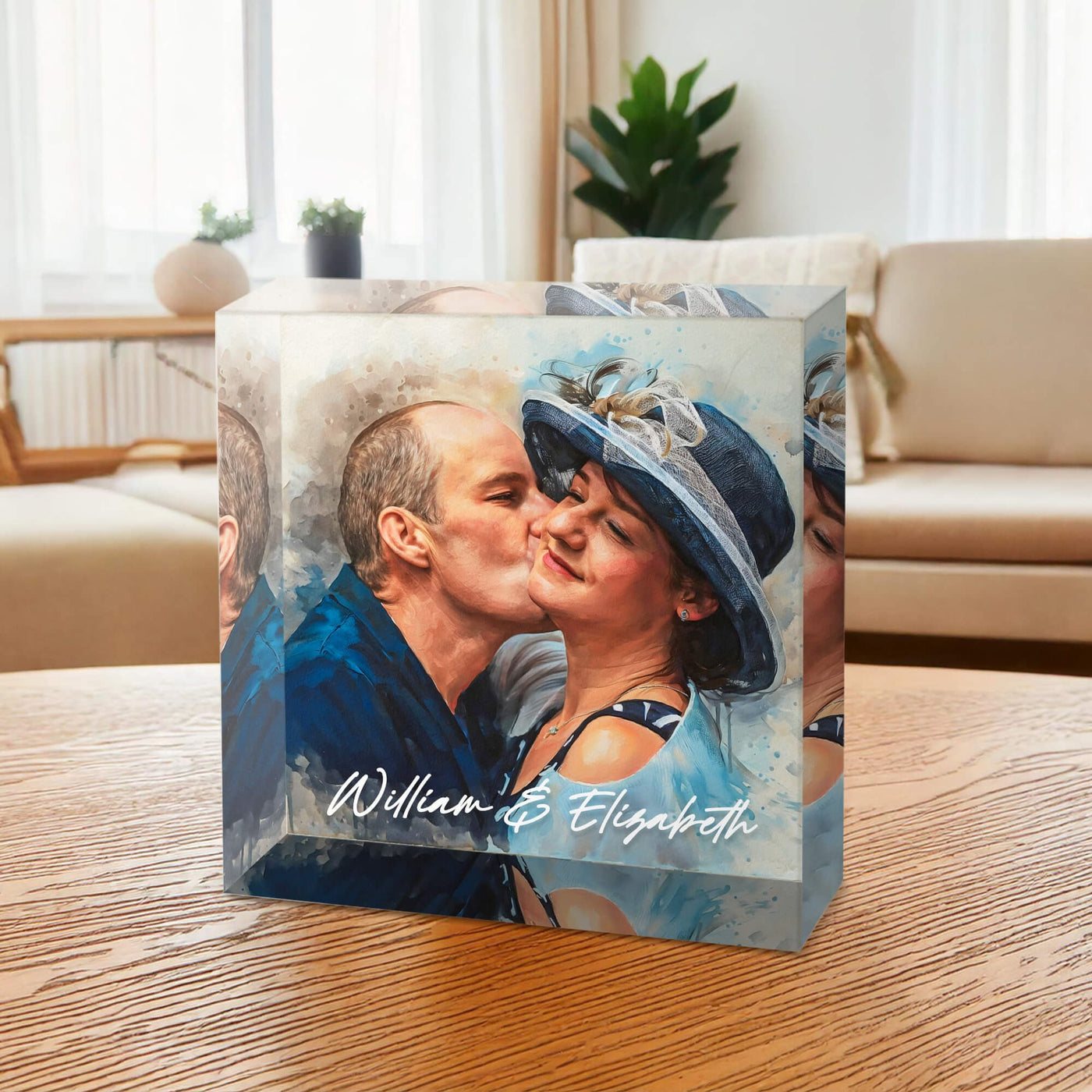 Couple Watercolor Portrait Acrylic Prism Block with Names