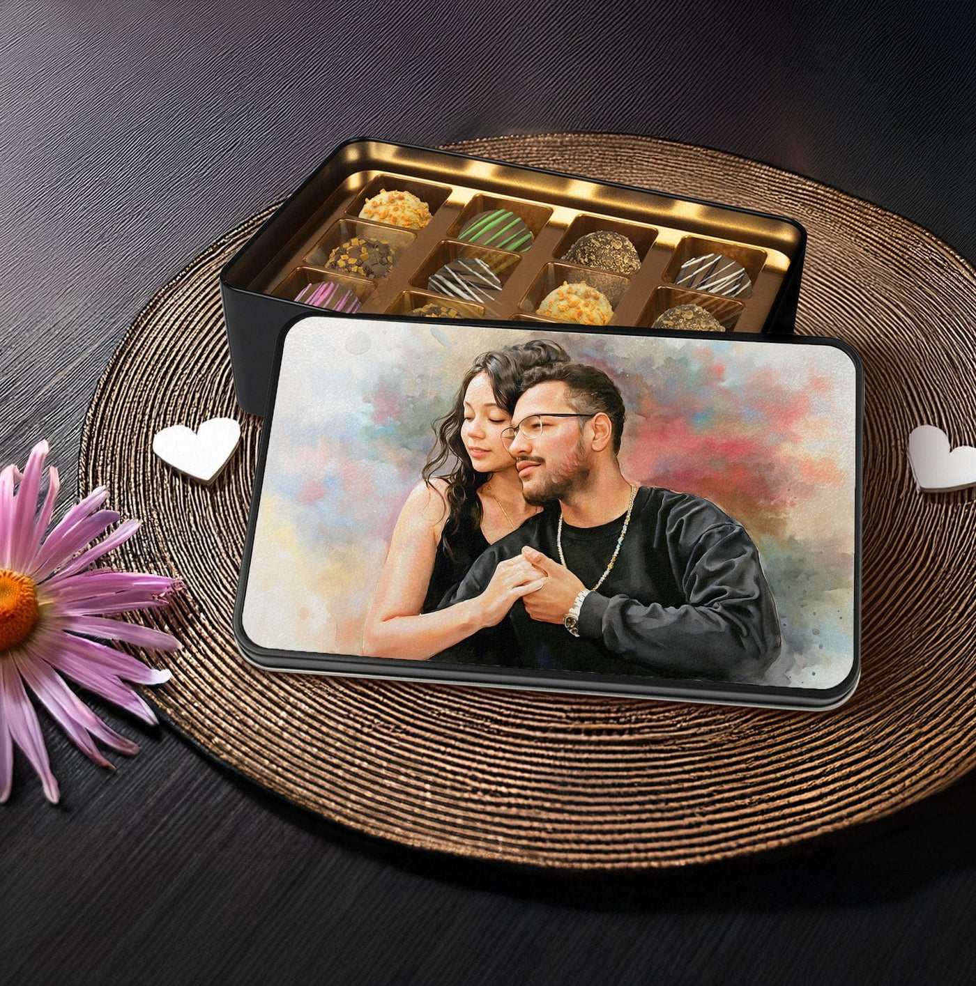 Custom Couple Watercolor Portrait on Chocolate Truffles Tin Box