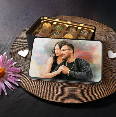 Custom Couple Watercolor Portrait on Chocolate Truffles Tin Box