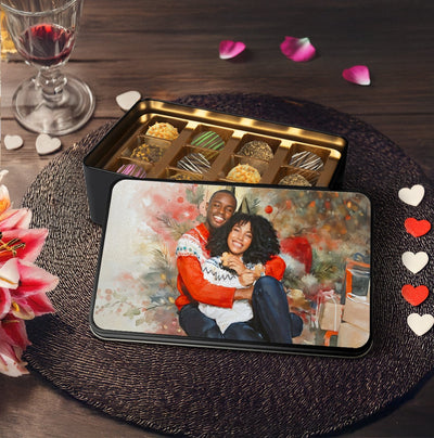 Custom Couple Watercolor Portrait on Chocolate Truffles Tin Box