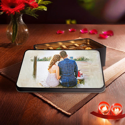 Custom Couple Watercolor Portrait on Chocolate Truffles Tin Box