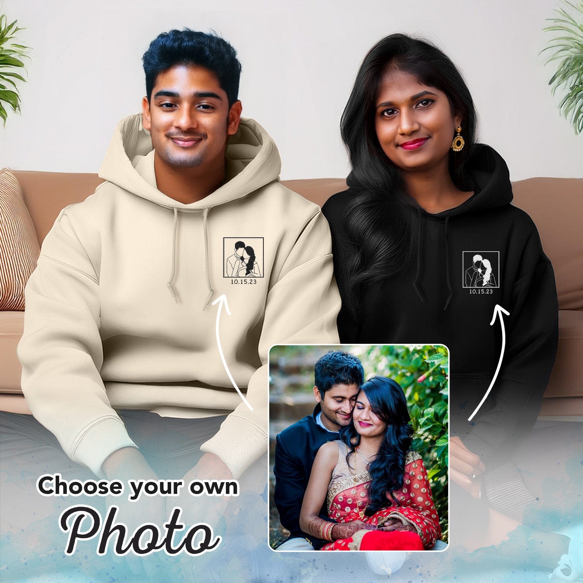 Couple Line Art Embroidered Hoodie