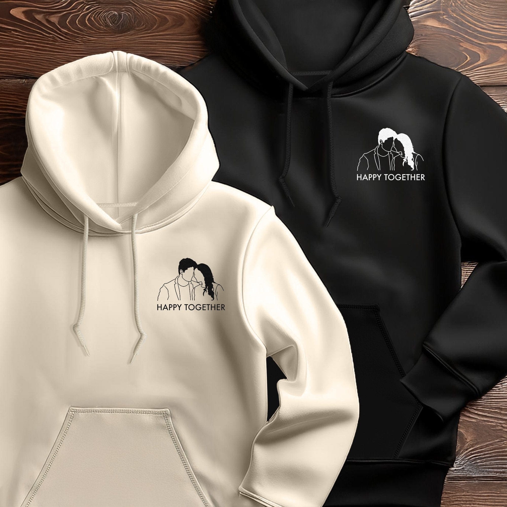 Couple Line Art Embroidered Hoodie