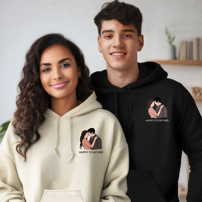 Custom Line Art Embroidered Hoodie for Couples