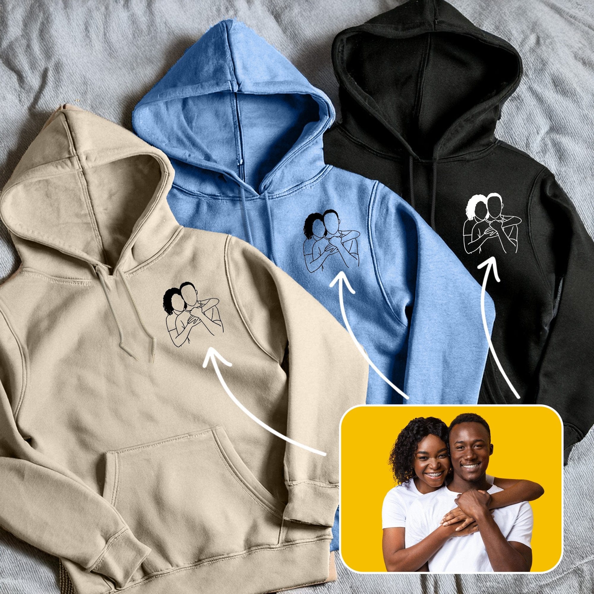 Couple Line Art Embroidered Hoodie