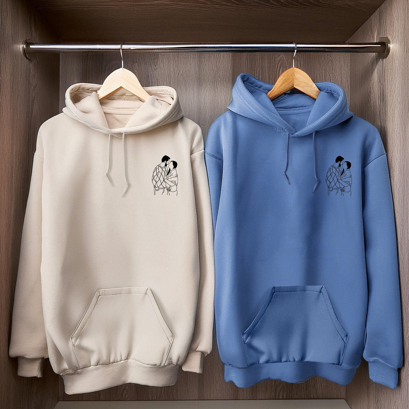 Couple Line Art Embroidered Hoodie