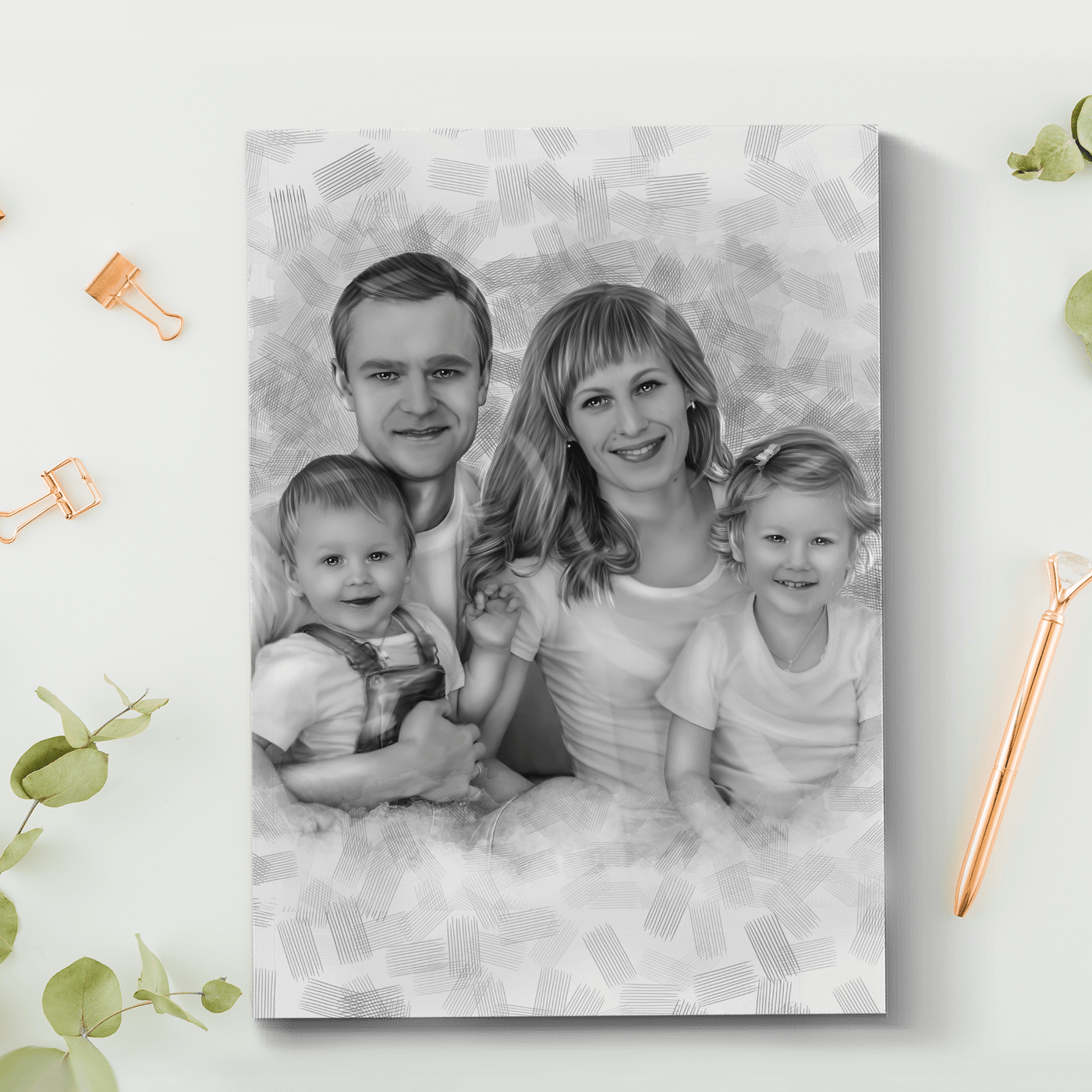 baby pencil drawing of lovely family drawn in black and white