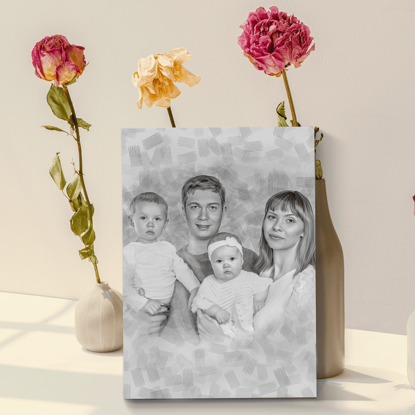 pencil baby portrait of a happy family