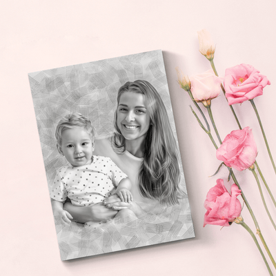 Mother's Day pencil drawing of a mother with a child, depicted in black and white color