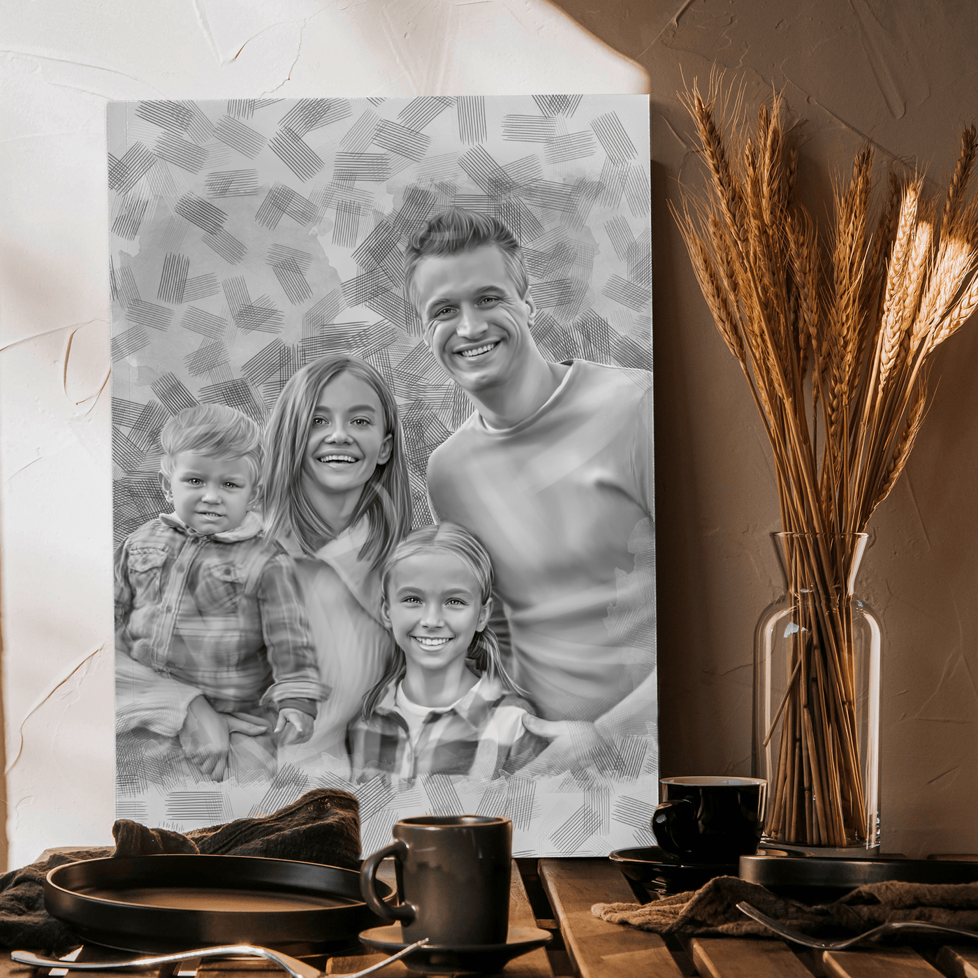 family pencil drawing of a lovely family drawn in black and white