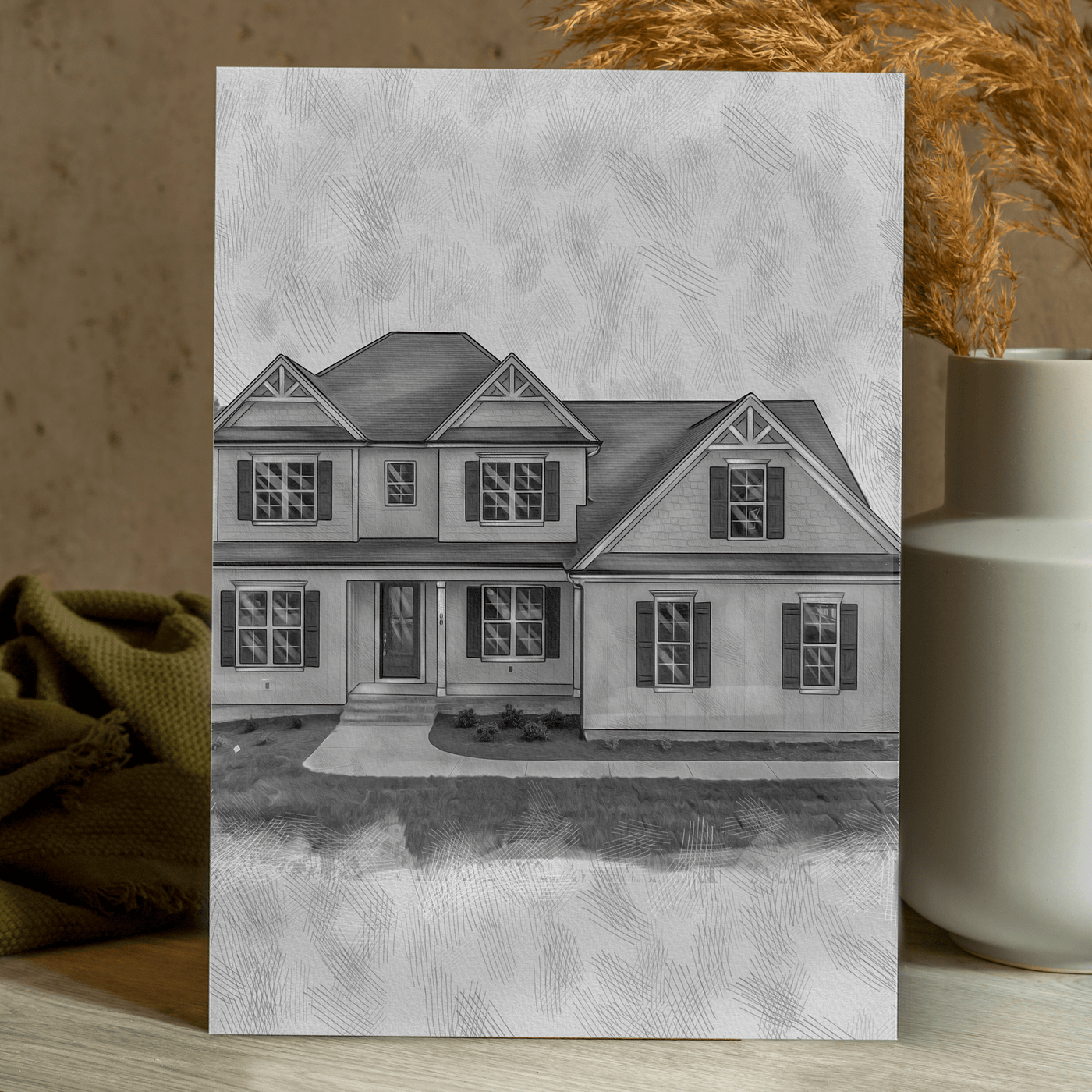 charcoal house drawing of an amazing house for a family