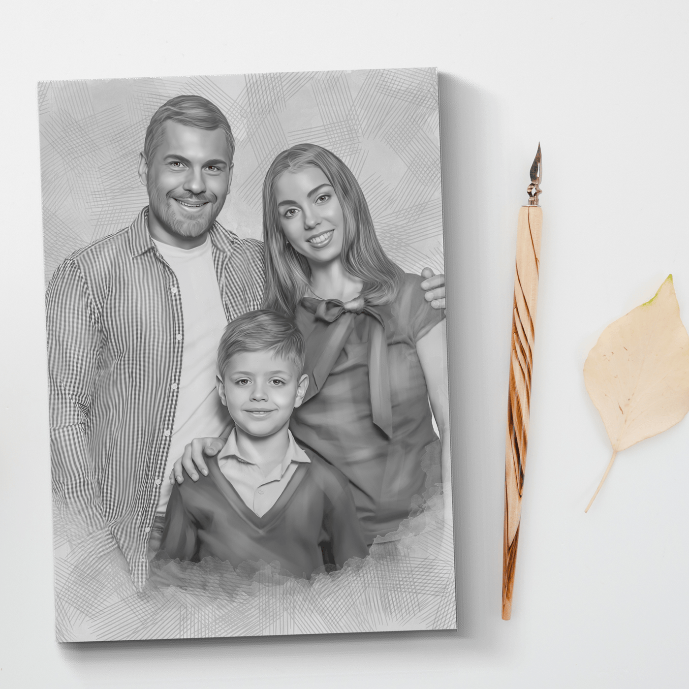 family digital art of a lovely family drawn in black and white