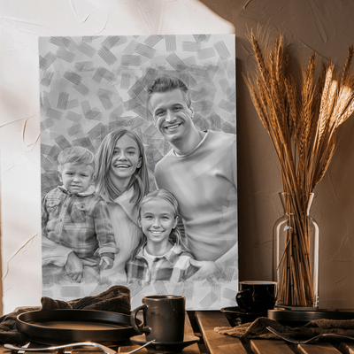 family charcoal drawing of a happy family drawn in black and white