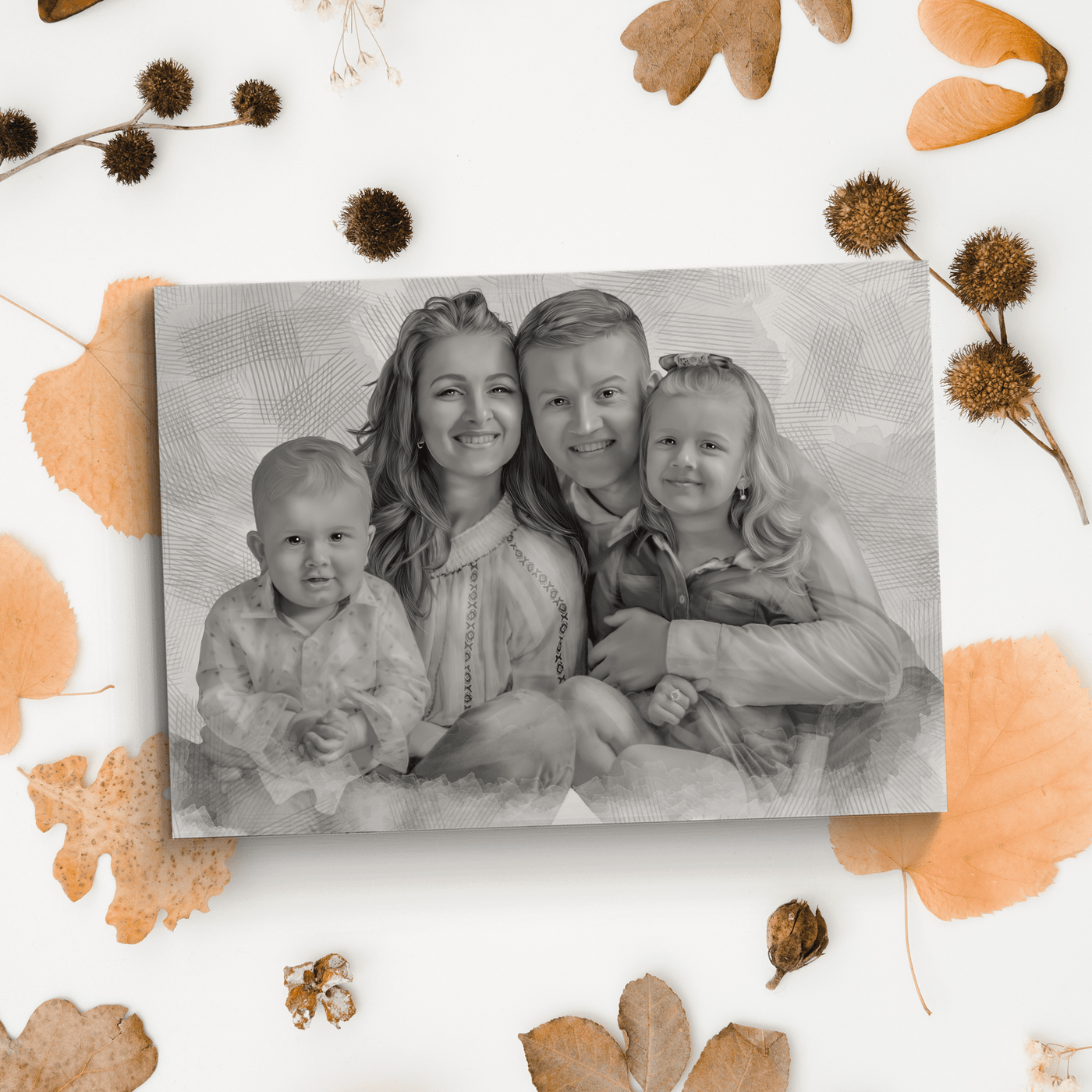 Mother's Day pencil drawing of a happy family drew in a black and white color